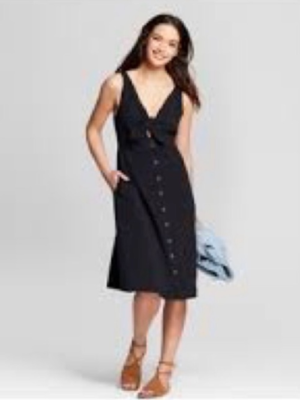 Sleeveless Black Button-Front Midi Dress